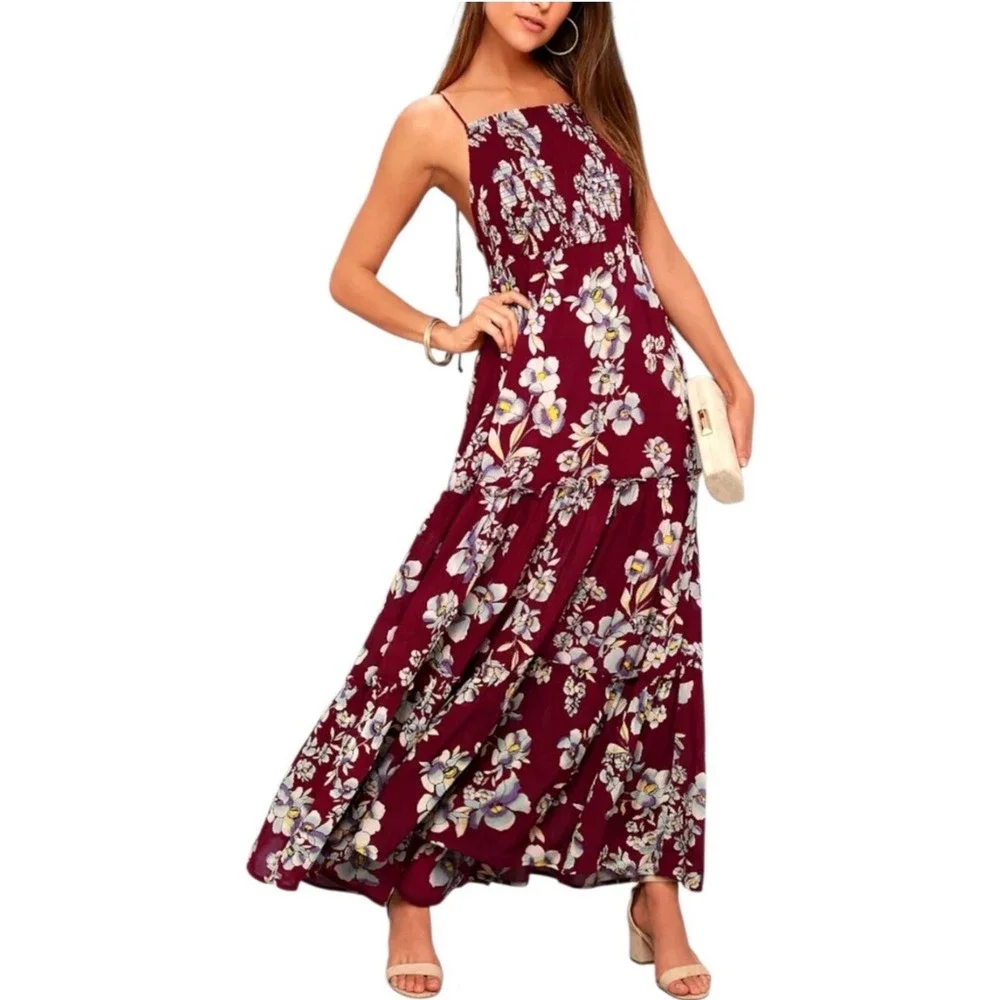 Free People Garden Party Maxi Dress Women M Burgundy Floral Smocked Boho Cottage